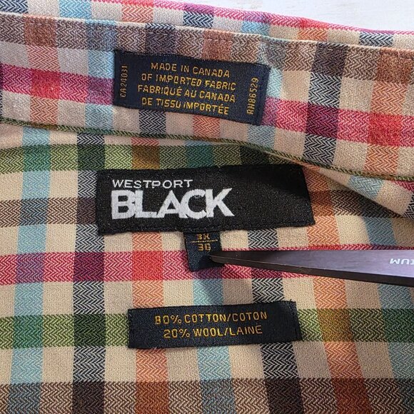 Westport Black Big and Tall Wool Blend Plaid Button Up Shirt Mens 3X Gorpcore - Picture 3 of 5